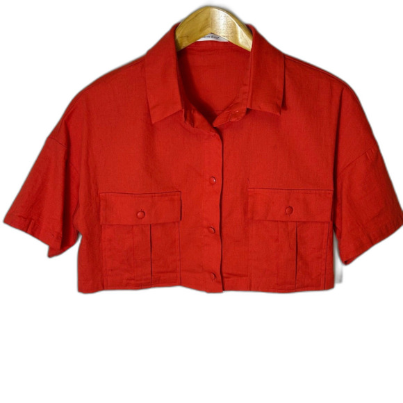 Idem Ditto NWOT Orange Linen Blend Cropped Button-Front SS Collared Shirt Size M - Picture 3 of 10